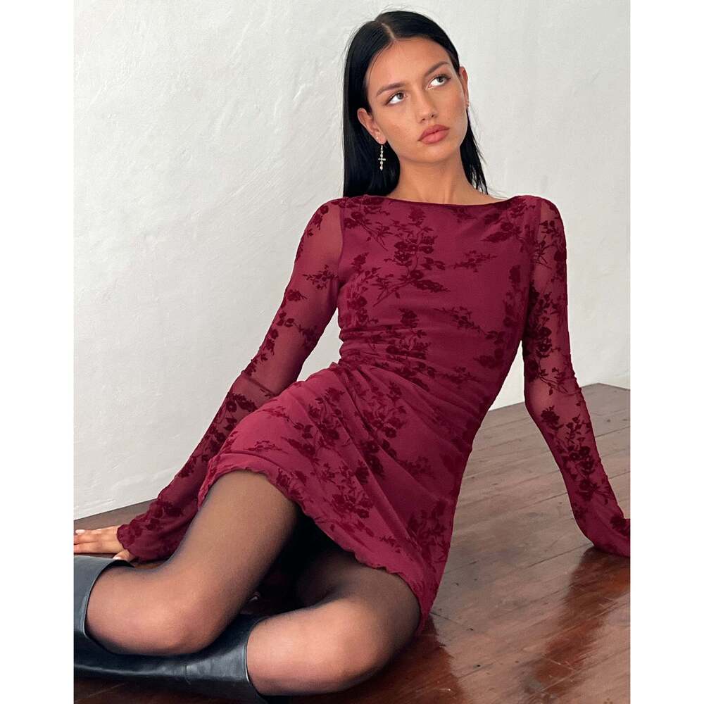 Motel Rocks Sevila Long Sleeve Mini Dress in Flocked Botanical Flower Maroon Siz